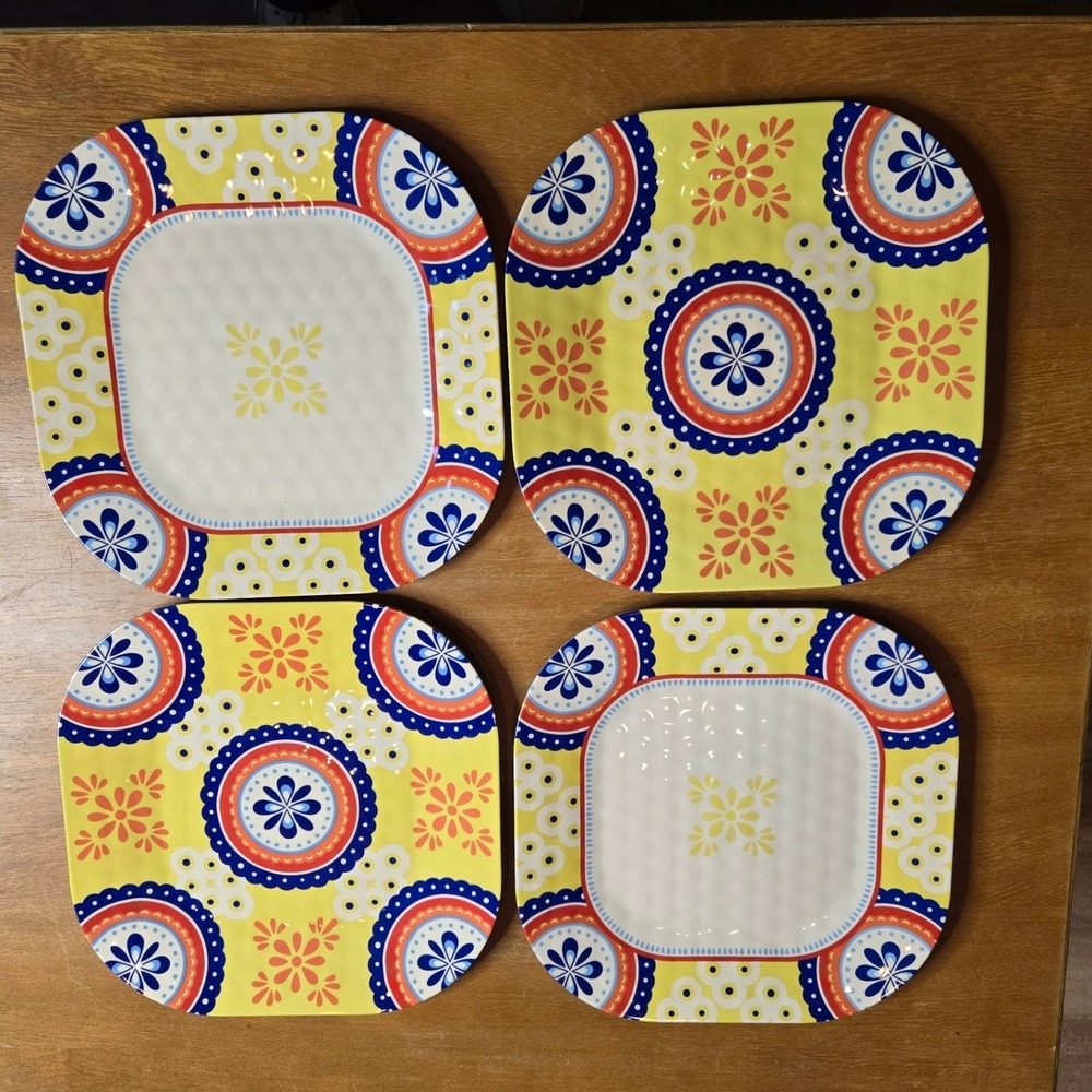 QSquared Melamine Square Plates Set of 4 Yellow Blue Boho Medallion Summer Fun